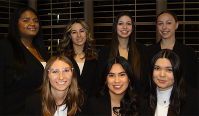 L to R: (back) Courtney Brown, Malena Nassif, Sasha Iosava, Ally Gido; (front) Hannah Burke, Brianna Rosales, Yasmeen Sharipova