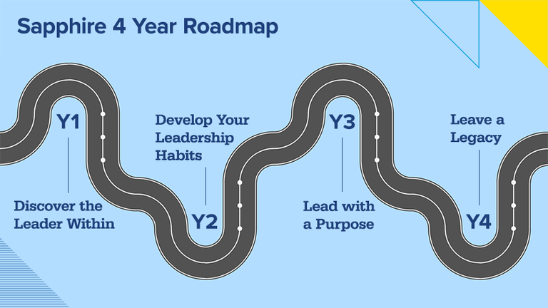 Through professional and leadership development, community service, and Sapphire involvement, the 4 year roadmap outlines the ways you will grow within Sapphire.